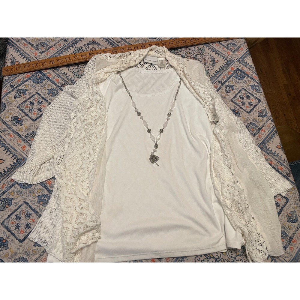 Alfred Dunner Women White Lace Cardigan Tank Set with Detachable Necklace Size M